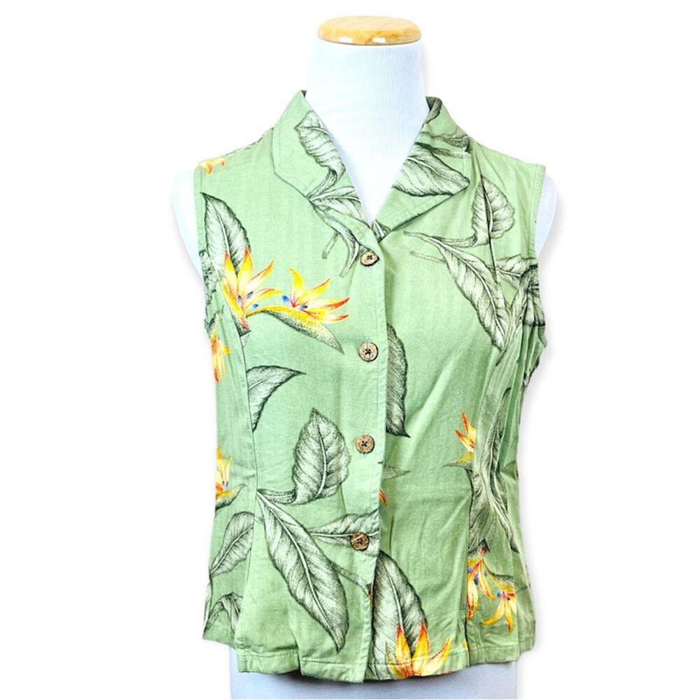 SUNSET COVE 90s Vintage Sleeveless Tropical Green Blouse PETITE LARGE Coconut